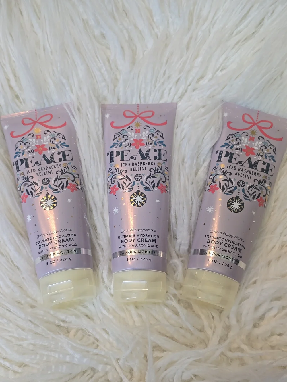 3 New Bath & Body Works Peace Iced Raspberry Bellini Body Creams. Retired Scent